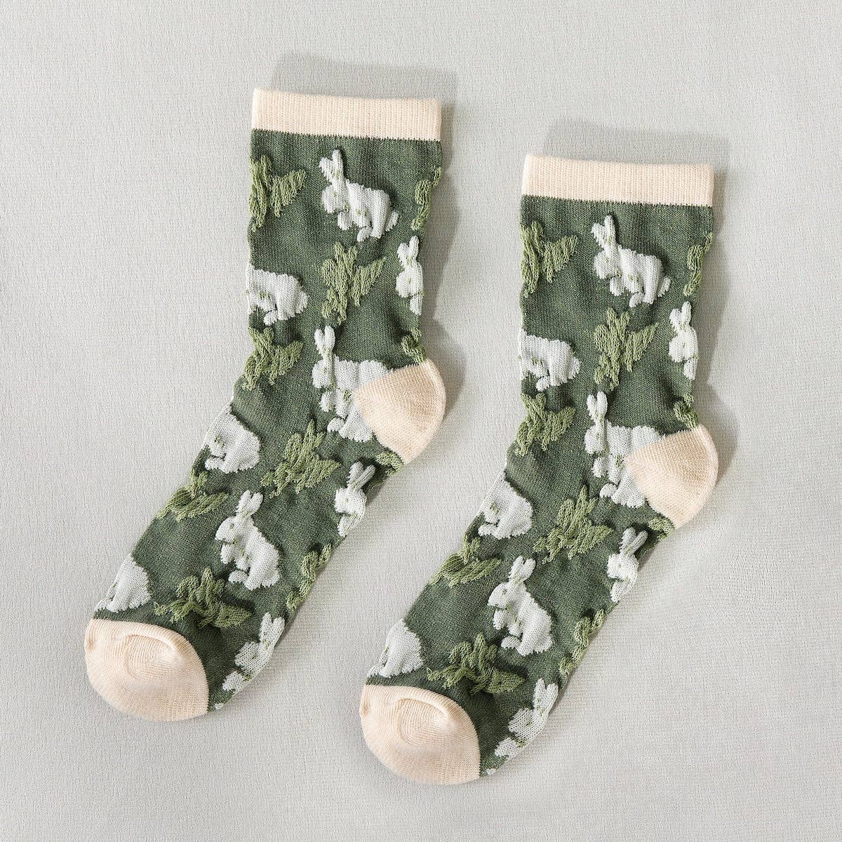 Embossed Socks | Green Rabbits