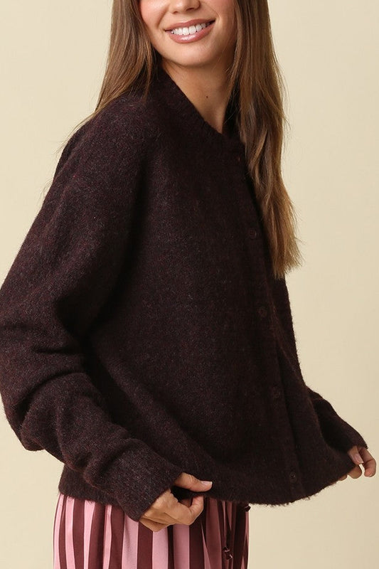 Fuzzy Button Front Cardigan | Berry