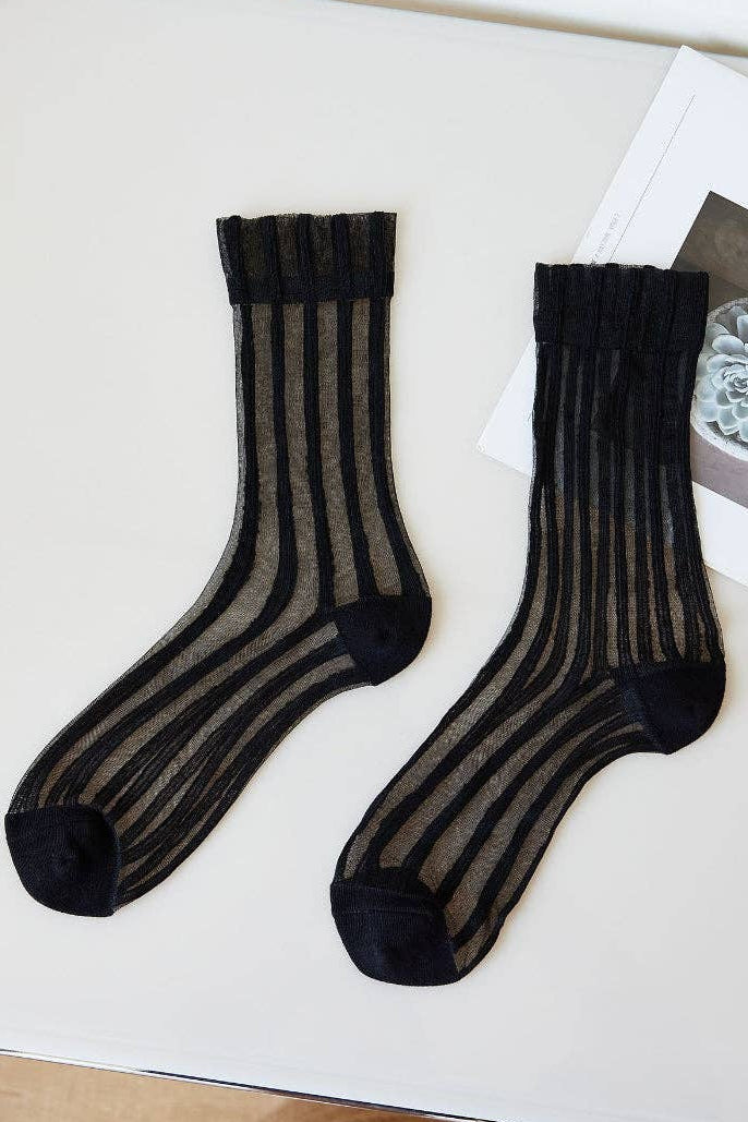 Sheer Stripe Crew Socks | Black