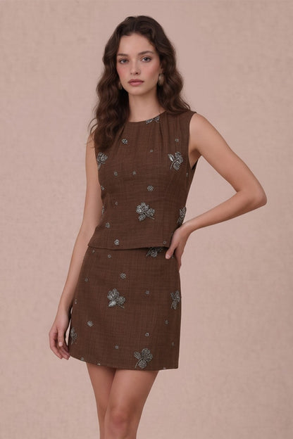 Quinn Embroidered + Beaded Mini Skirt | Brown
