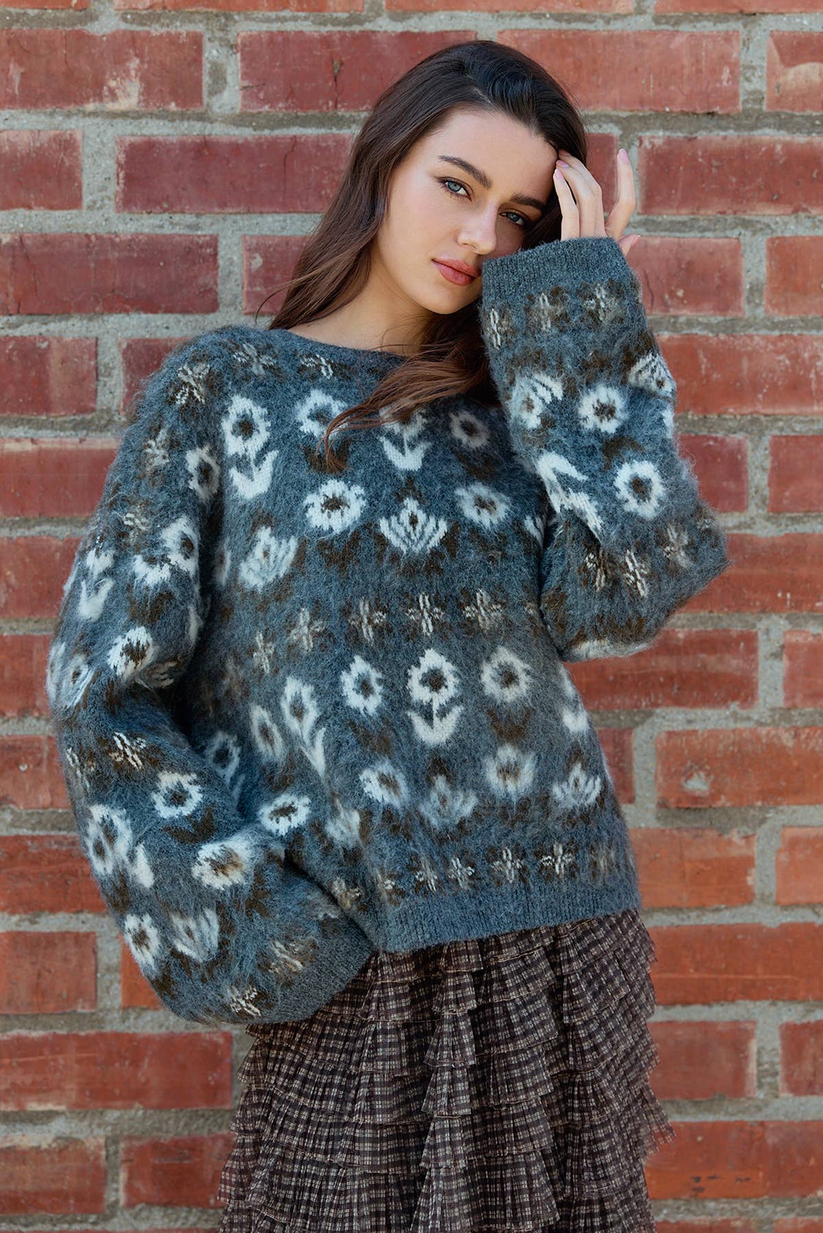 Fuzzy Diamond Pattern Knit Sweater