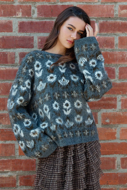 Fuzzy Diamond Pattern Knit Sweater