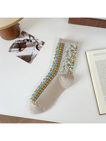 Textured Floral Ribbon Socks | Beige
