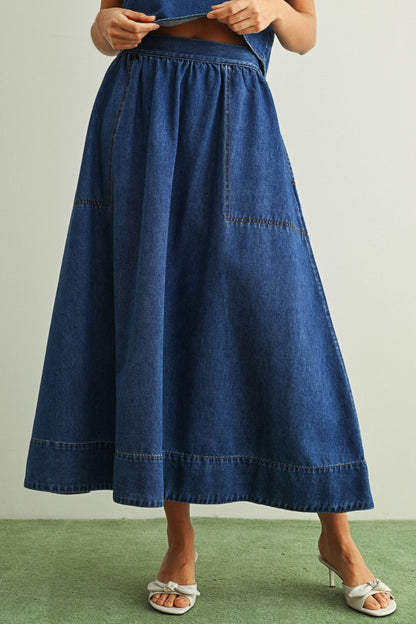Utility Pocket Denim Midi Skirt