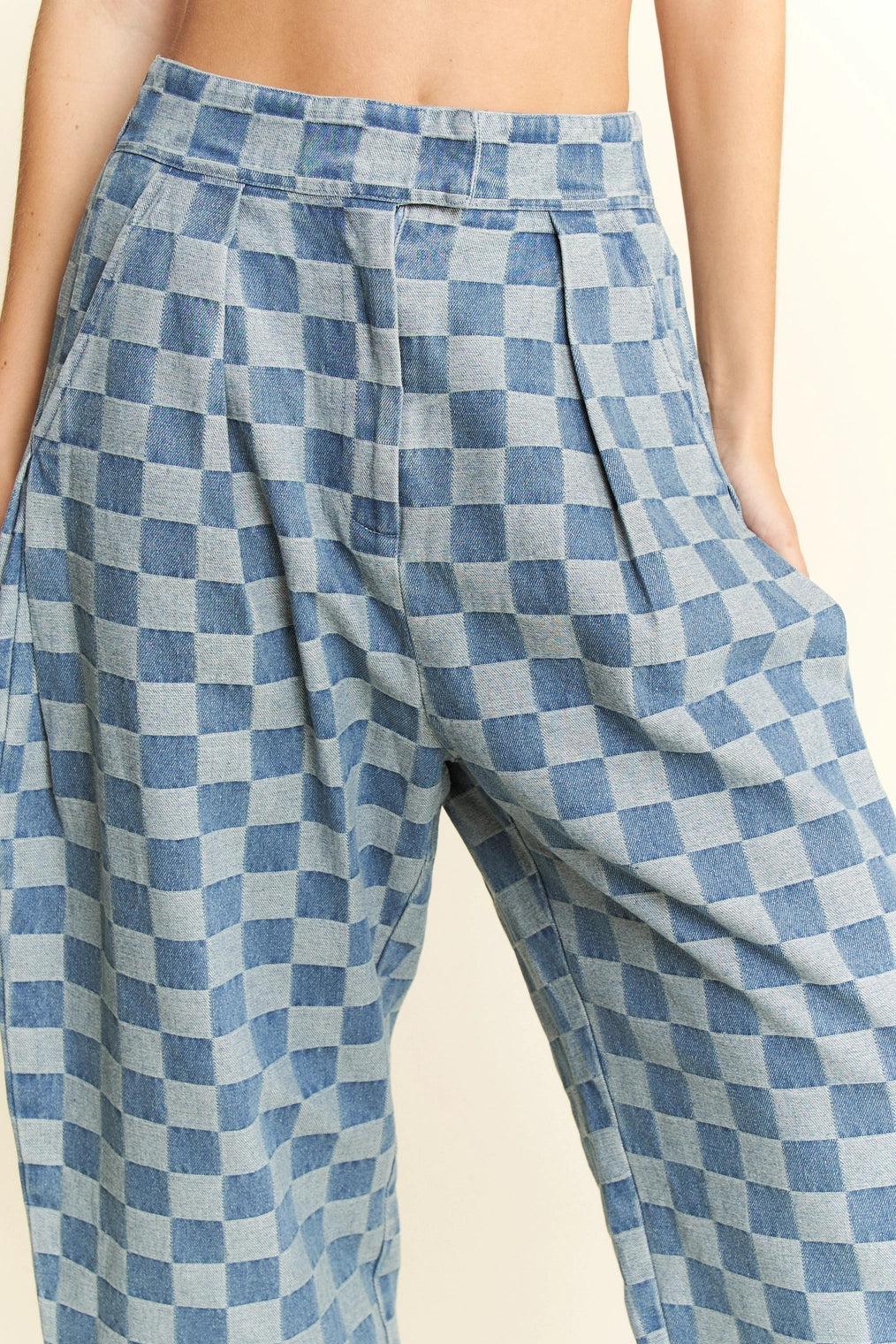 Denim Checkered Barrel Pants