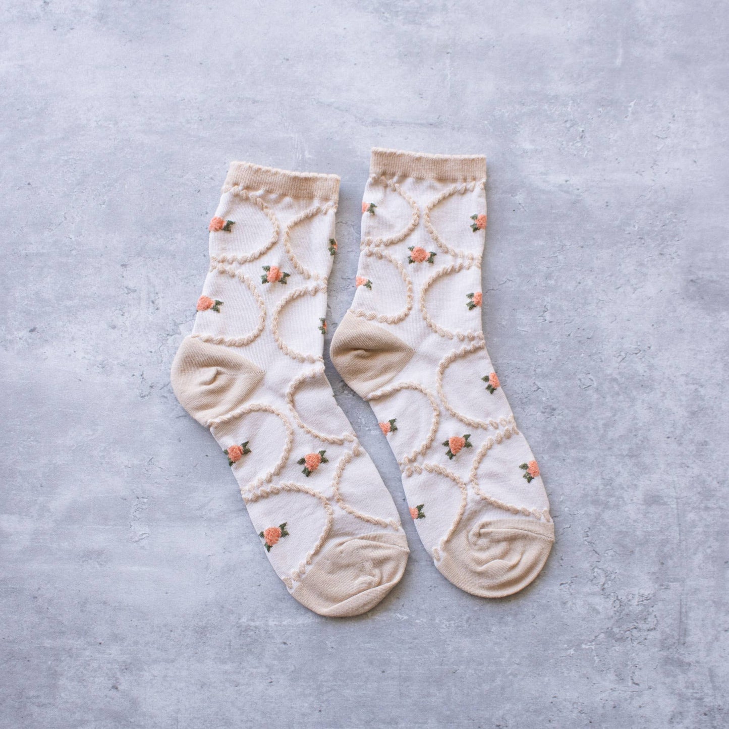 Floral Circle Stitch Socks | Beige + Coral