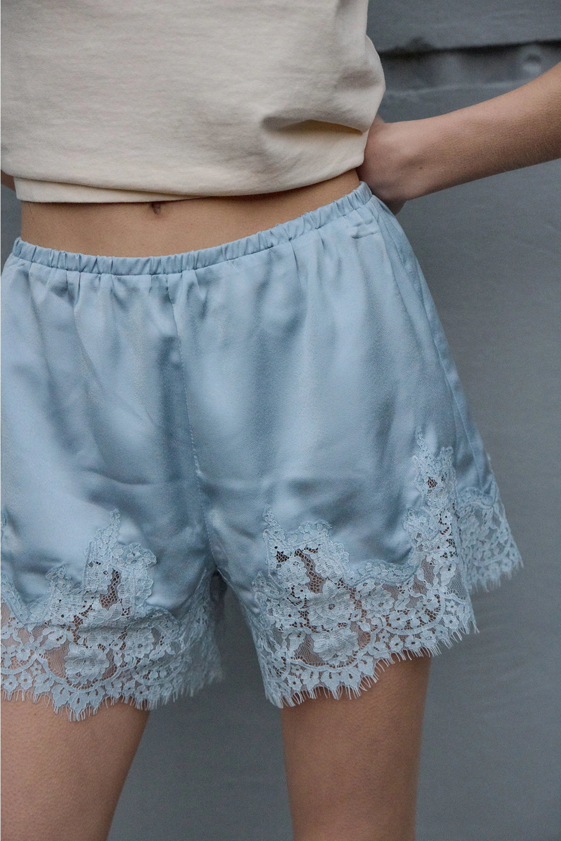 Lace Trim Satin Shorts | Blue