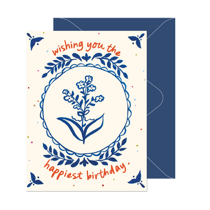 Blue Floral Polka Dot Birthday Card