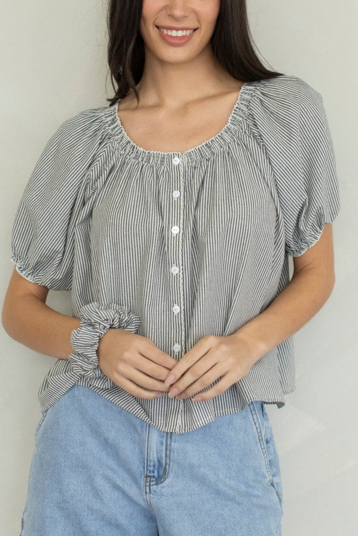 Stripe Puff Sleeve Blouse | Black