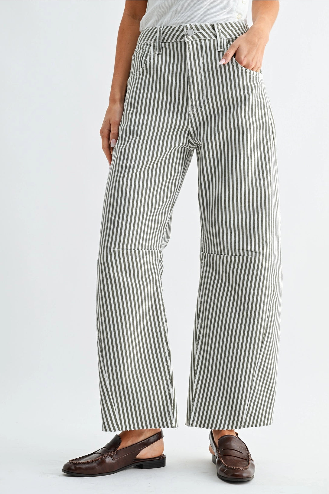 High Rise Barrel Leg Denim | Olive Stripe