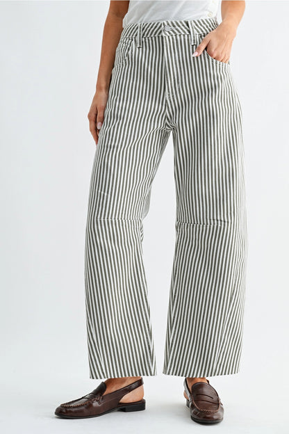High Rise Barrel Leg Denim | Olive Stripe