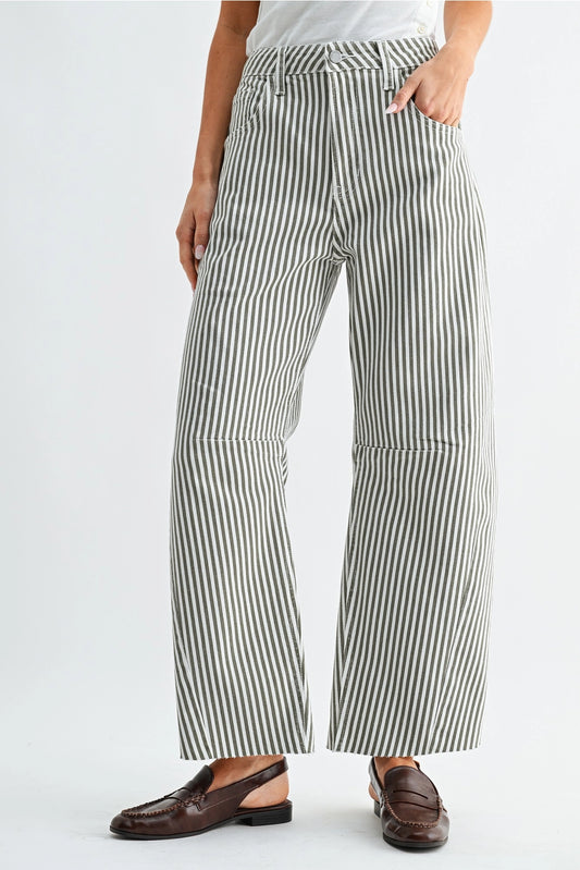 High Rise Barrel Leg Denim | Olive Stripe
