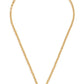 Gold necklace with a small round pendant on a white background