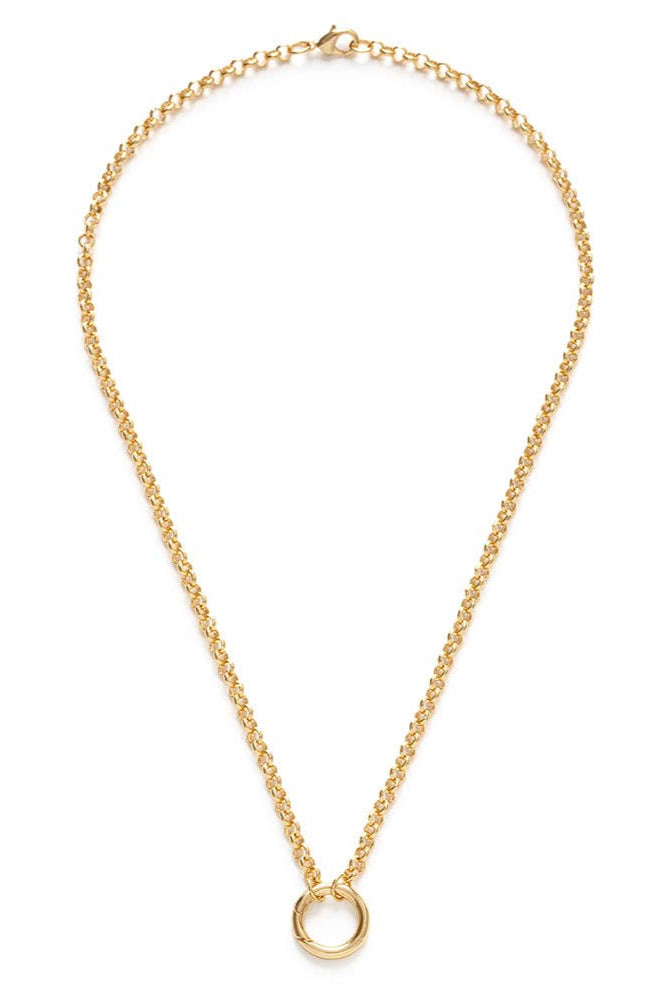 Gold necklace with a small round pendant on a white background