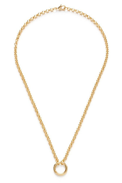 Gold necklace with a small round pendant on a white background