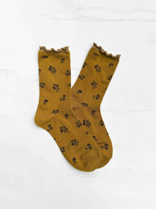 Tiny Floral Ruffle Socks | Mustard