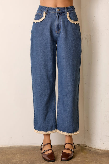 Crochet Trim Straight Leg Denim