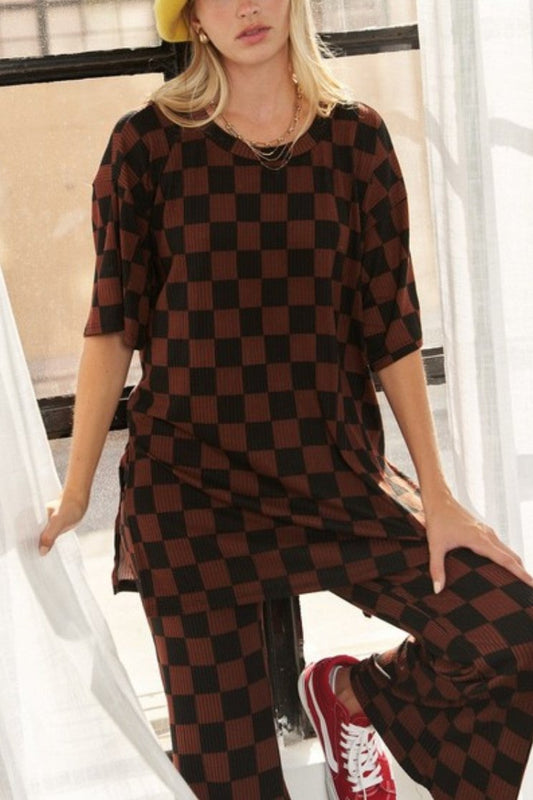 Mocha + Black Checkered Top