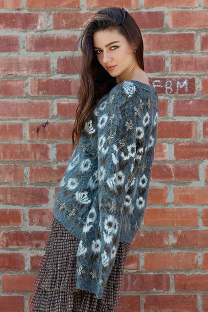 Fuzzy Diamond Pattern Knit Sweater