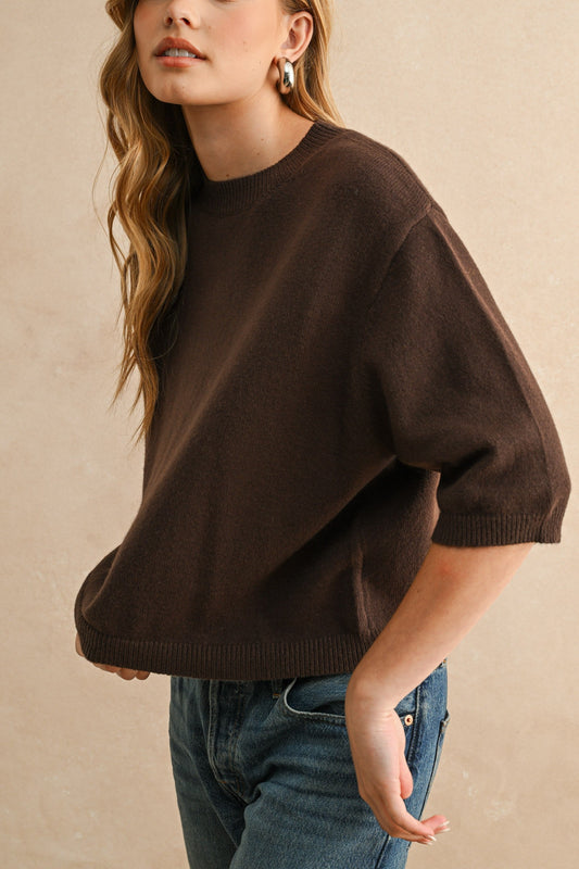 Short Sleeve Sweater Top | Brown