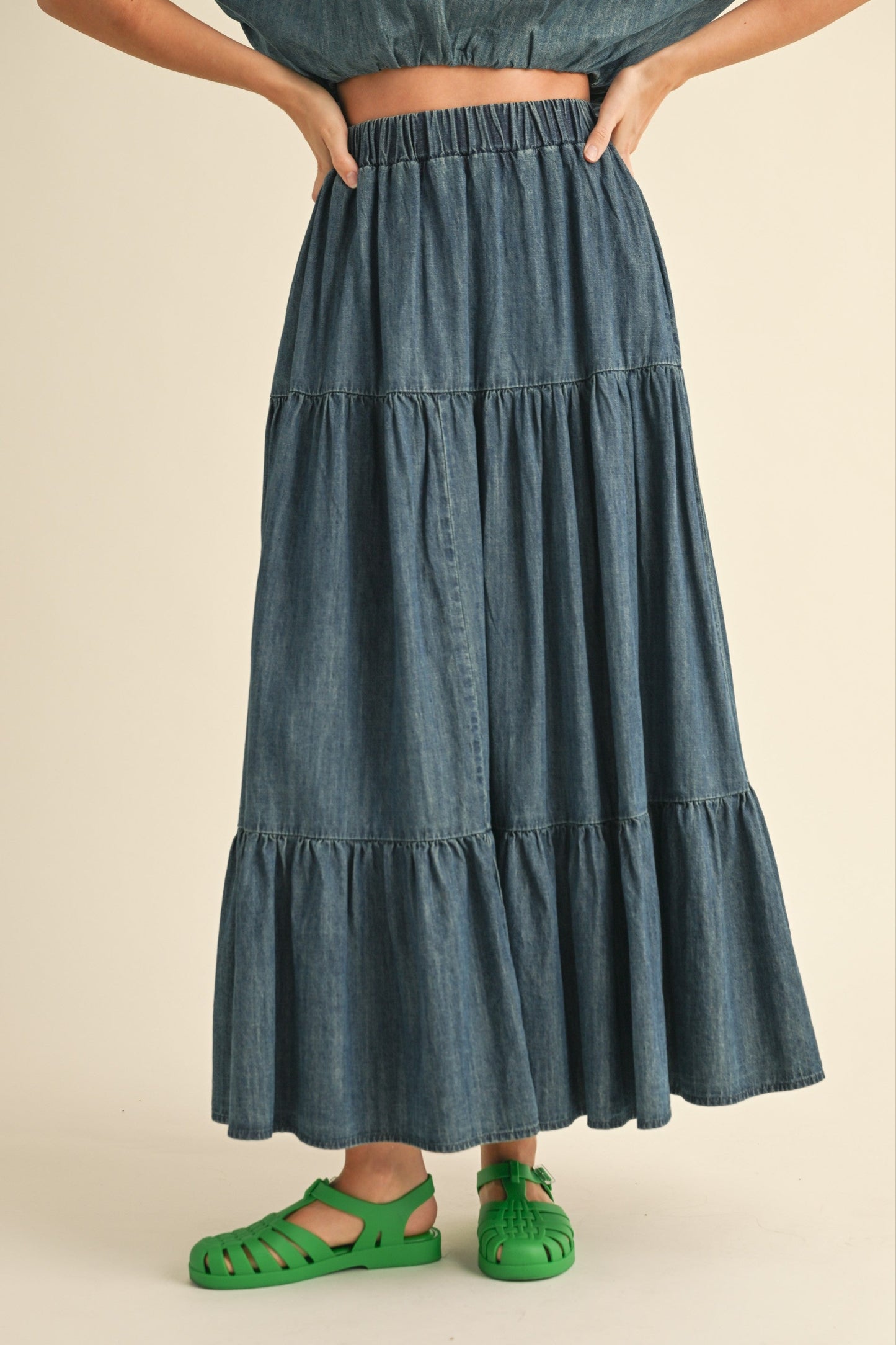 Tiered Denim Maxi Skirt