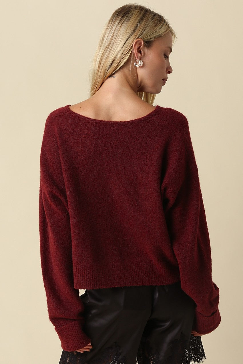 Cropped V Neck Sweater | Dark Red