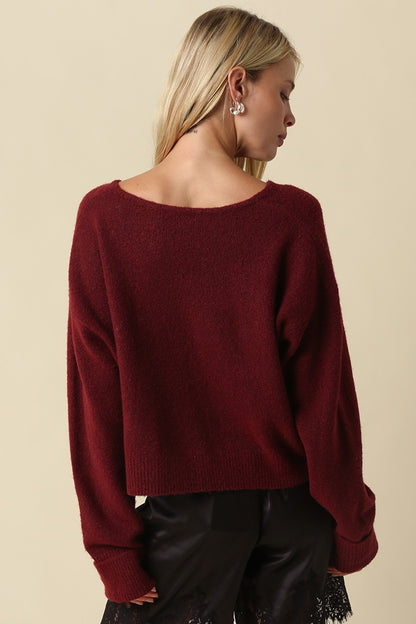 Cropped V Neck Sweater | Dark Red