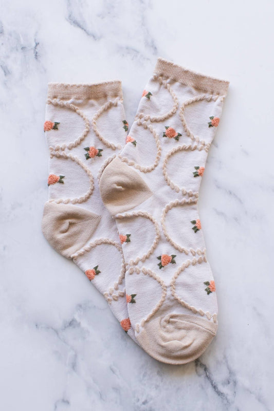 Floral Circle Stitch Socks | Beige + Coral