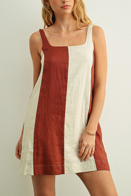 Color Block Linen Mini Dress | Rose Clay + Oatmeal