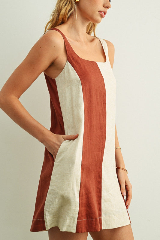 Color Block Linen Mini Dress | Rose Clay + Oatmeal