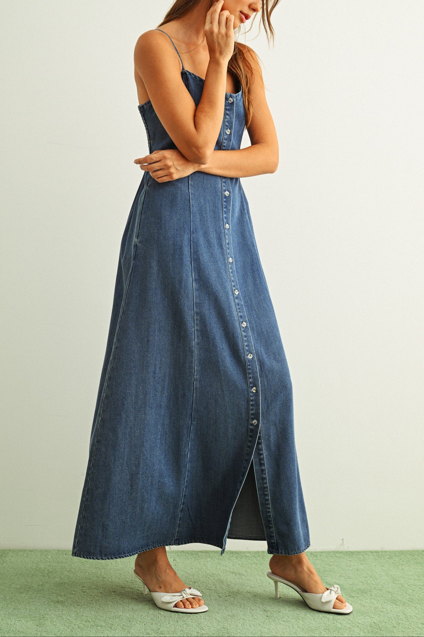 Button Front Denim Maxi Dress
