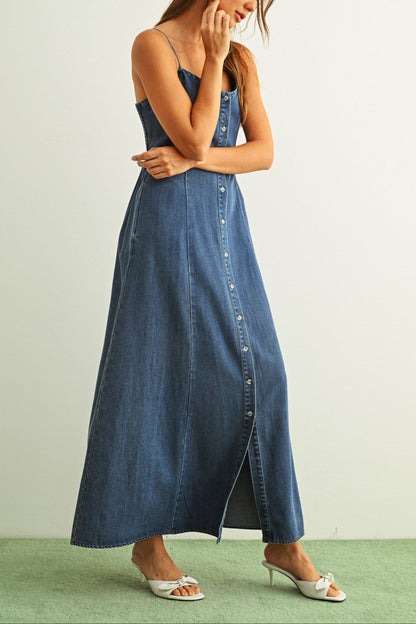 Button Front Denim Maxi Dress