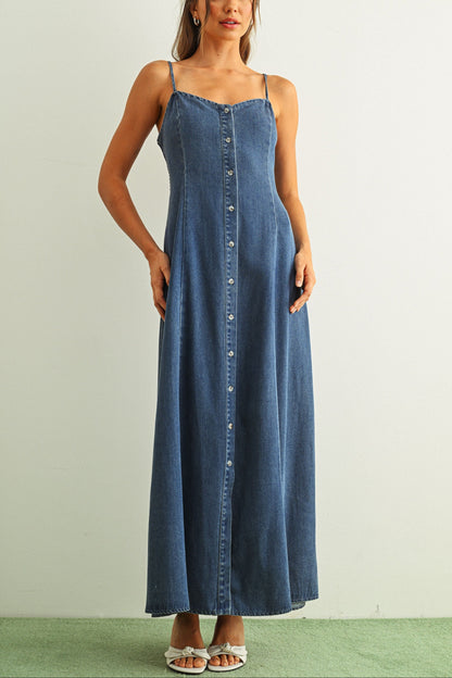 Button Front Denim Maxi Dress
