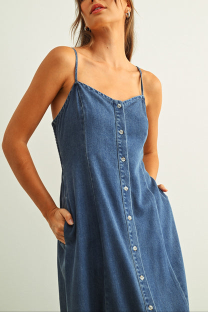 Button Front Denim Maxi Dress