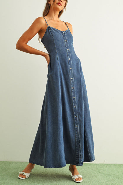 Button Front Denim Maxi Dress