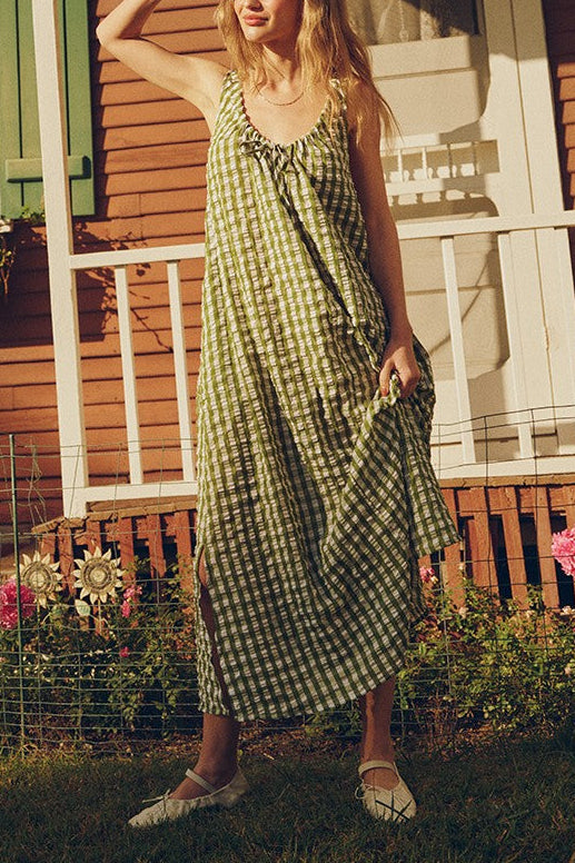 Gingham Double Scoop Midi Dress | Avocado