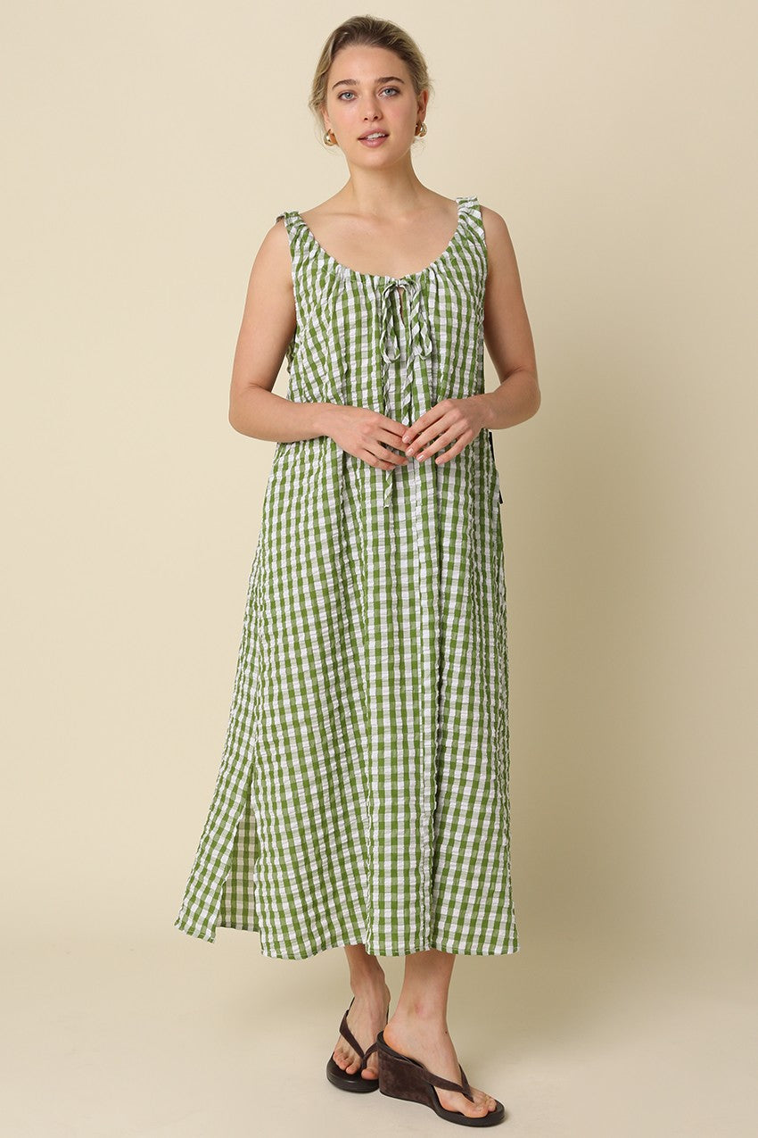 Gingham Double Scoop Midi Dress | Avocado