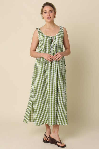 Gingham Double Scoop Midi Dress | Avocado
