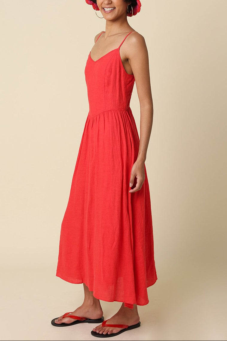 Deep Sea Linen Midi Dress | Red