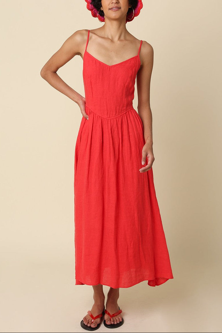 Deep Sea Linen Midi Dress | Red