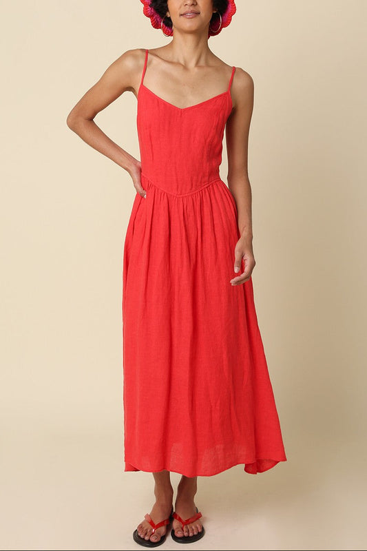 Deep Sea Linen Midi Dress | Red