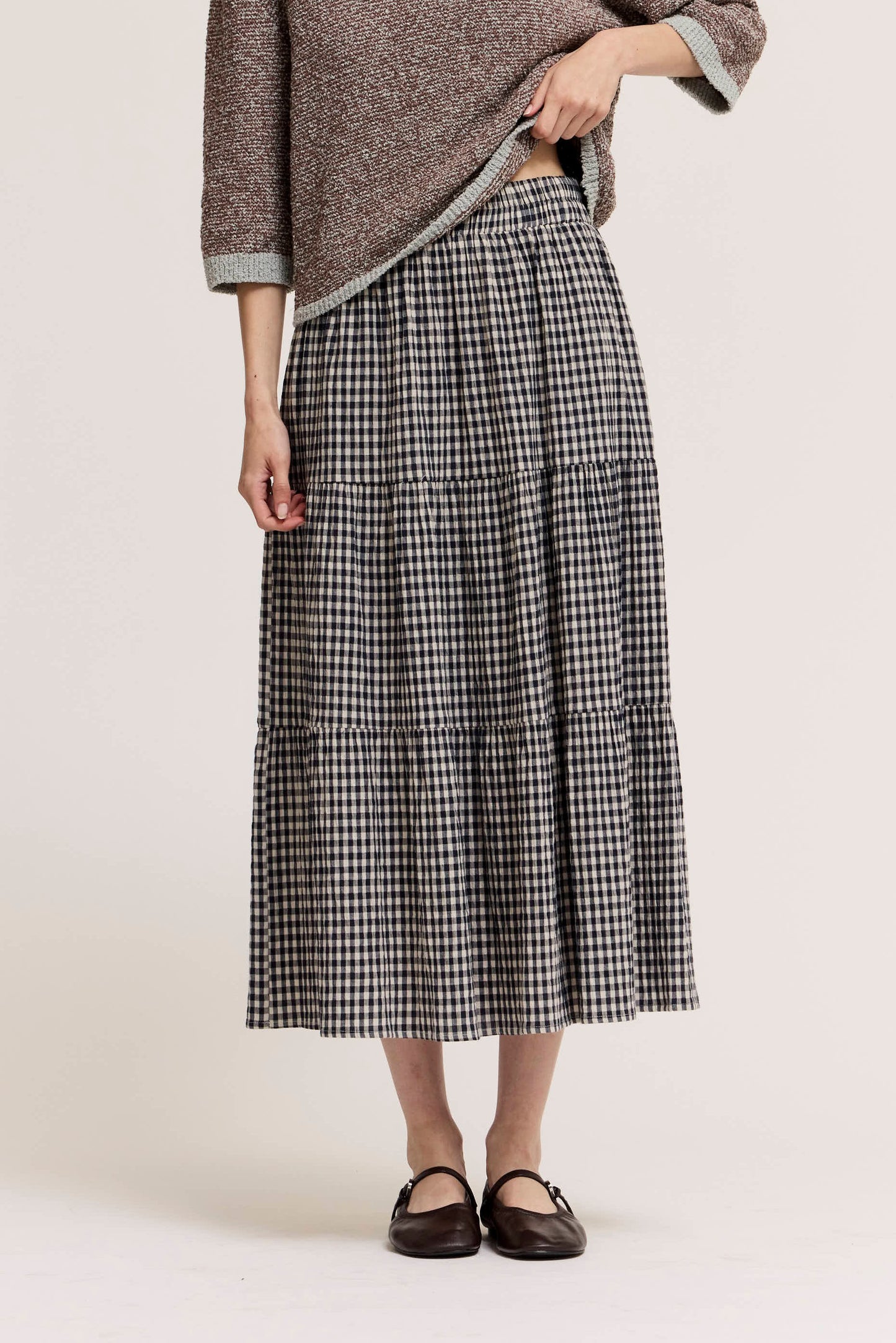 Tiered Gingham Midi Skirt | Midnight