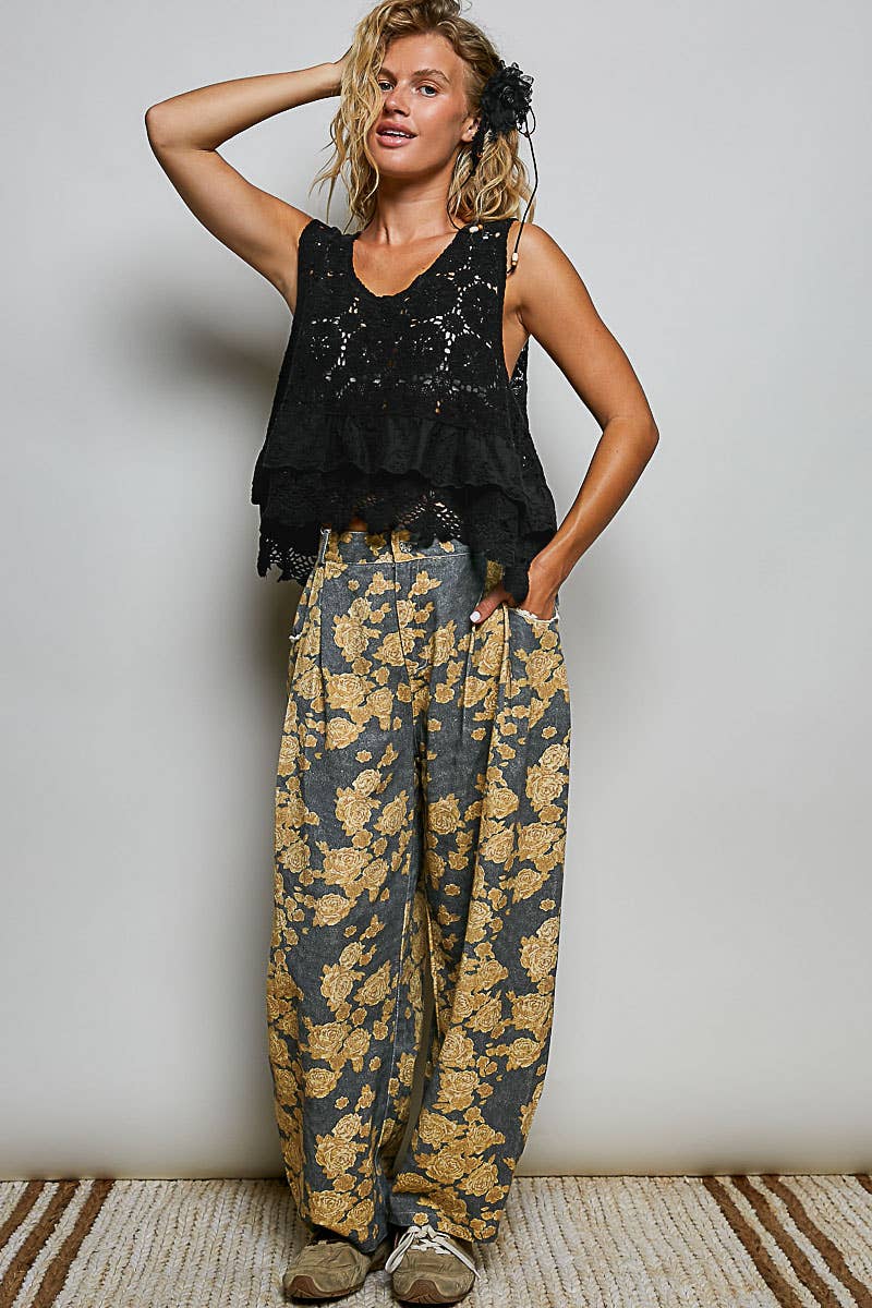 Patterned Wide Leg Pants | Black Floral