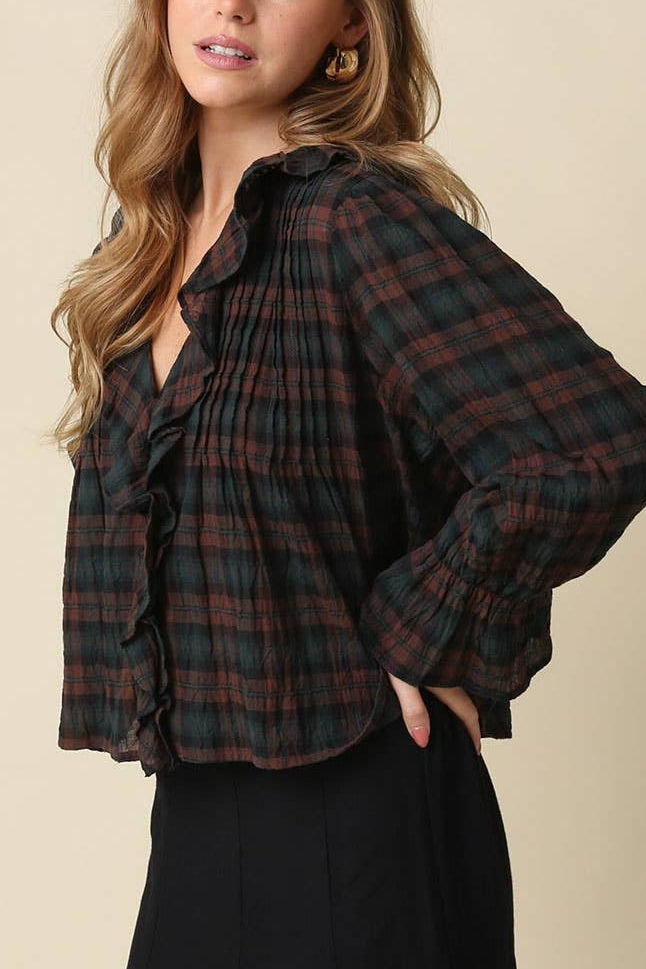 Lena Ruffle Plaid Blouse | Brown