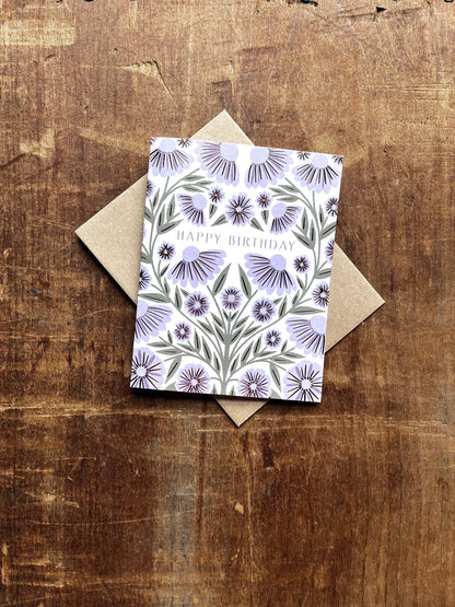 Purple Florals Happy Birthday Card