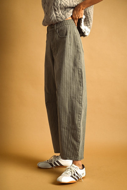 Pinstripe Barrel Denim | Olive