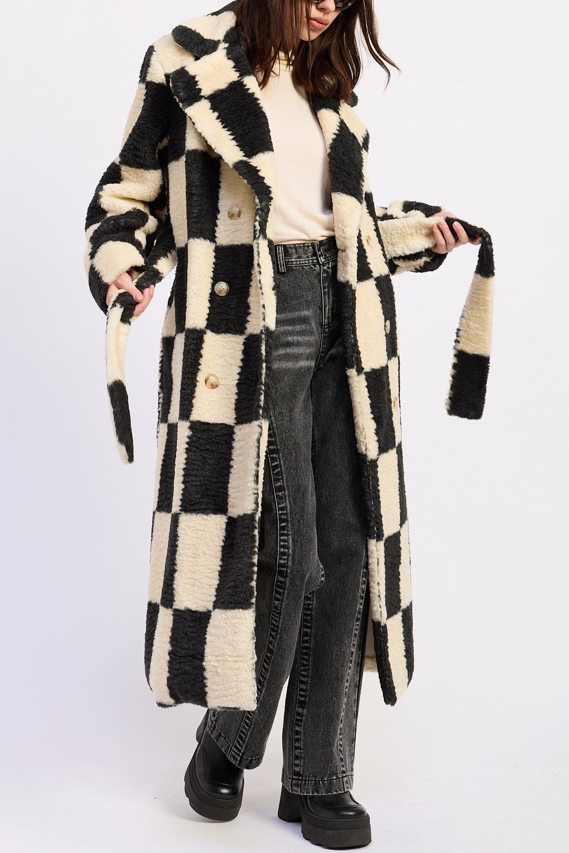 Checkered Faux Fur Coat