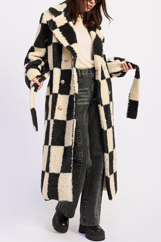Checkered Faux Fur Coat