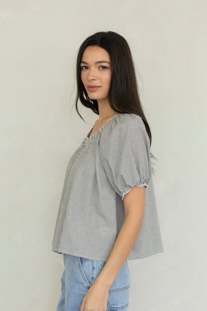 Stripe Puff Sleeve Blouse | Black