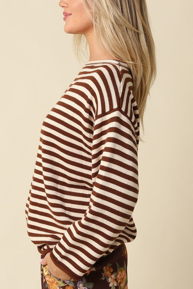 Boatneck Stripe Sweater | Taupe + Brown